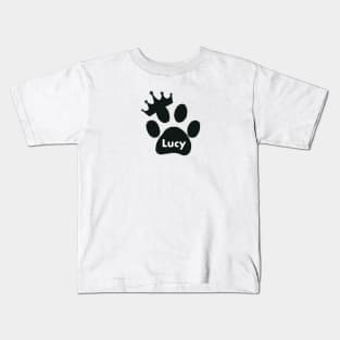 Lucy cat name made of hand drawn paw prints Kids T-Shirt